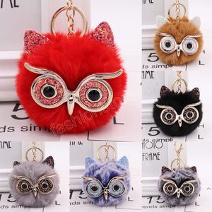 Nieuwe schattige pluizige konijnenbont uil Pompom Ball Dierlijke bril Keychain Keyring Auto Key Ring Charm Women Bag hangerse decoratief