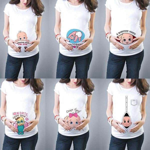 Nouveau Mignon Enceinte Maternité Vêtements Casual Grossesse T ShirtsBaby Imprimer Drôle Femmes Enceintes D'été Tees Enceinte Top Streetwear X0527