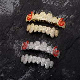 Nieuwe CZ -tanden grillz ingesteld voor unisex 8 bovenste bodem Iced Out Cubic zirkon stenen messing materiaal heuphop spal sieraden