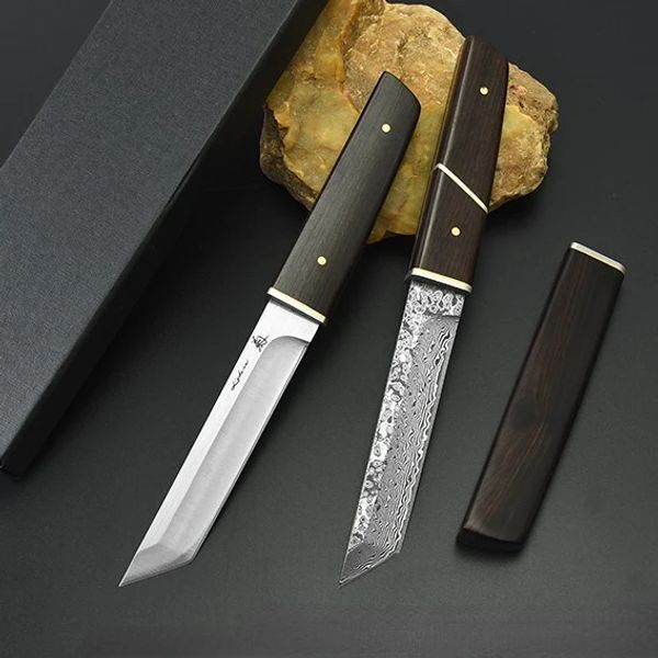 Lame Tanto en acier damas/D2, manche en ébène, couteau tactique de survie de Style japonais, outils EDC de Camping, couteaux de poche de chasse