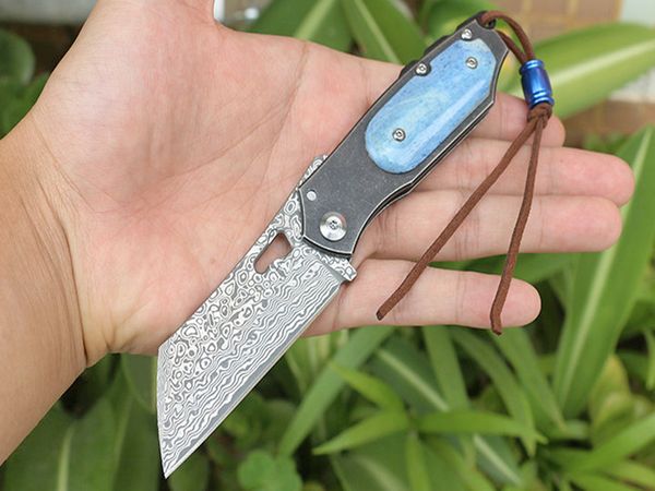 Nuevo cuchillo plegable con hoja de acero de Damasco, mango de hueso de acero inoxidable, cuchillos de regalo de bolsillo EDC con paquete de caja al por menor