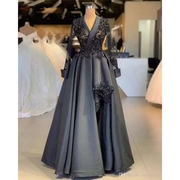 Nouvelle applique en dentelle gris foncé une robe de ligne vintage manches longues en satin robe de soirée formelle arabe plus taille de fête de fête