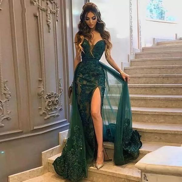 Nouvelles robes de bal sirène vert foncé sexy cuisse haute fendue robes de soirée chérie avec jupe en tulle détachable appliques pailletées