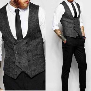 Nieuwe Dark Grey Double Breasted Vest Pak Herringbone Mens Vesten Gestreepte Slanke Fit vest British Vintage Blazer Mouwloze jas