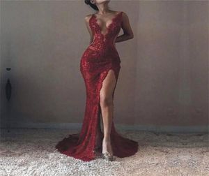 Nouveau rouge foncé col en V profond robes de bal plaine sexy dentelle voir à travers la robe de soirée sirène côté fendu robes d'occasion spéciale fête 2592214