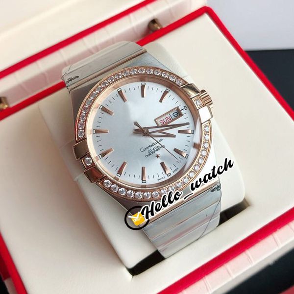 New Day Date 123.25.38.21.52.001 Miyota 8215 Reloj automático para hombre Esfera blanca Bisel de diamantes Pulsera de Dios rosa en dos tonos Wathes Hello_Watch