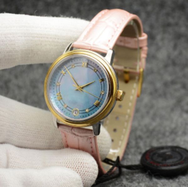 NUEVO De Ville Prestige Reloj Automático Mecánico Caja de oro Esfera de concha Correa de cuero rosa Fecha Cristal de zafiro 32 mm Miyota 2813 para mujer Diseñadores de relojes