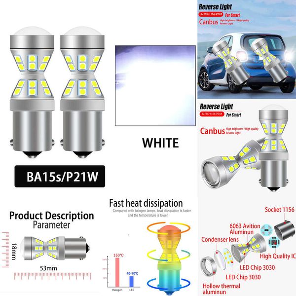 Nuevas luces decorativas 2 uds Canbus sin errores luces LED de marcha atrás para coche bombillas lámpara de respaldo P21W BA15S 1156 para Smart Fortwo MK1 450 MK2 451 Forfour MK1 454