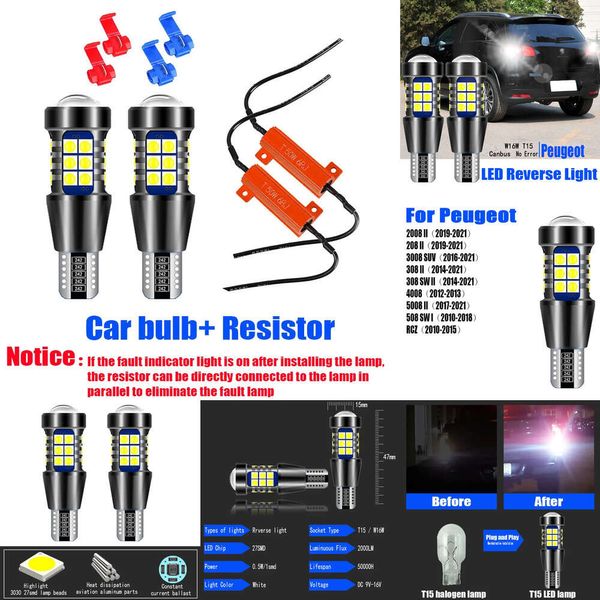 Nouvelles lumières décoratives 2pcs Car 921 CANBUS LED Reverse ampoule W16W T15 Lampe de sauvegarde pour Peugeot 2008 208 3008 SUV 308 SW 4008 5008 508 RCZ 2010-2015