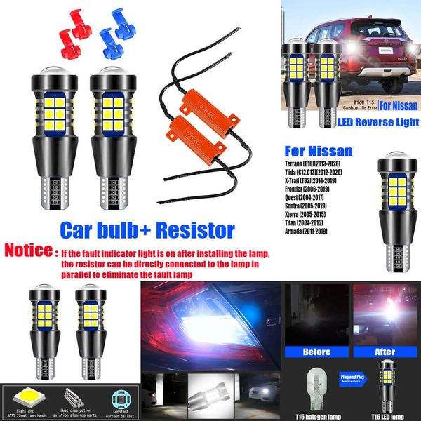 Nouvelles lumières décoratives 2pcs W16W Canbus LED Renvers les ampoules T15 Lampe pour Nissan Terrano Tiida X-Trail T32 Frontier Quest Sentra Xterra Titan Armada