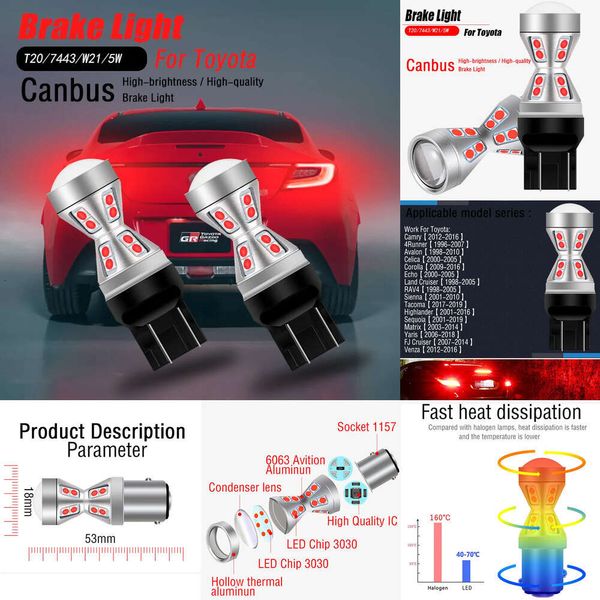 Nuevas luces decorativas 2 uds W21/5W 7443 T20 lámpara de luz de freno LED para Toyota Camry 4Runner Avalon Corolla Sienna Tacoma Sequoia Yaris Matrix Highlander