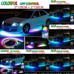 Nuevas luces decorativas 4 estilos 12 V Color que fluye RGB LED tira debajo del coche 60 cm 90 * 120 cm Tubo Underglow Sistema debajo de la carrocería Luz de neón Control de aplicación Bluetooth