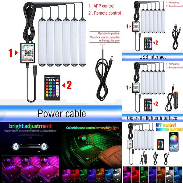 Nuevas luces decorativas 6 uds Led ambiente de pie de coche con encendedor de cigarrillos USB retroiluminación aplicación de Control de música RGB luces de ambiente decorativas interiores de coche