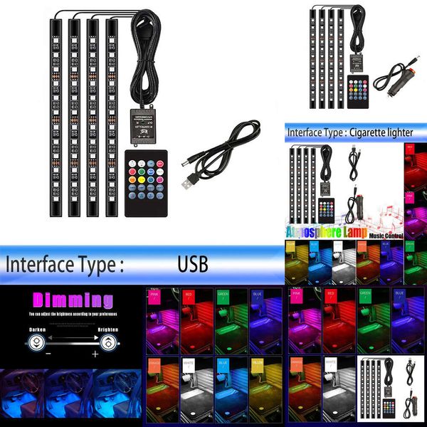 Nuevas luces decorativas, tira LED para coche, lámpara para decoración del suelo del pie, bombilla RGB, luz de ambiente Interior, USB automático, control remoto inalámbrico de música, modo múltiple