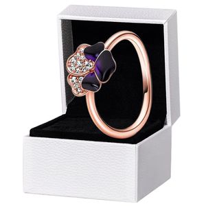 NOUVEAU Deep Purple Pansy Flower Ring Rose Gold plated Women Girls Wedding designer Jewelry For pandora 925 Silver CZ diamond Love Ring with Original Box