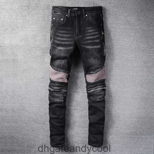 Nuevo Denim Amirres Jeans Pantalones de diseñador Hombre High street fashion marca estilo punk cremallera negra rodilla decorativa pantalones vaqueros plisados pantalones delgados para hombres O1AY