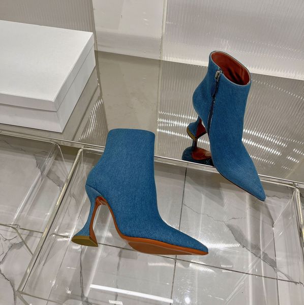 Nouveau denim tissu doublé cuir demi botte pointu mode bottes à talons hauts marque de créateur de luxe bottes de mode pour femmes