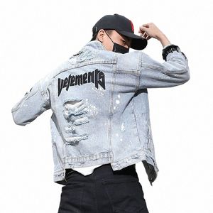 Nieuwe Denim Jas Heren Hiphop Streetwear Punk Rave Motorfiets Cowboy Graffiti Gescheurde Jas Lichtblauw Uitloper Merk Jeans Jas L6LO #