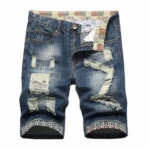 Nouveau Denim Shorts Jeans pour hommes été Ragged Fi polyvalent bords perforés trou perforé déchiré Jeans pantalon grande taille 40 S4sO #
