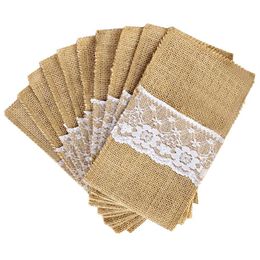 Nouveau design 100pcs lot toile de jute porte-couverts vintage shabby chic jute dentelle vaisselle pochette emballage fourchette couteau poche maison Texti228E