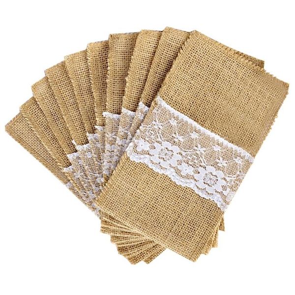 Nouveau design 100pcs / lot porte-couverts en toile de jute vintage shabby chic dentelle de jute vaisselle pochette emballage fourchette couteau poche maison Texti333O