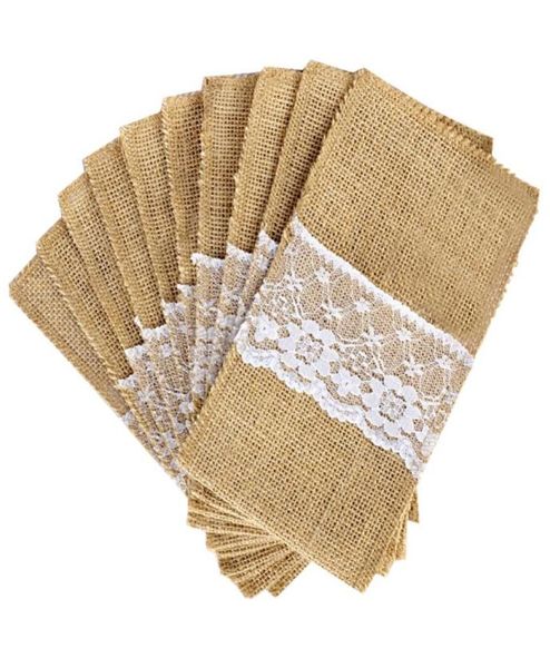 Nouveau Design 100 pièces Lot porte-couverts en toile de jute Vintage Shabby Chic dentelle de jute vaisselle pochette emballage fourchette couteau poche maison Texti9975525