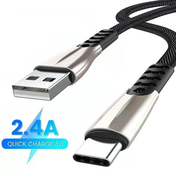 Nuevo diseño 3FT 6FT 9FT Aleación de zinc 3A Cable de carga rápida Cable de datos de carga USB trenzado de nailon Cable plano tipo-c micro otro