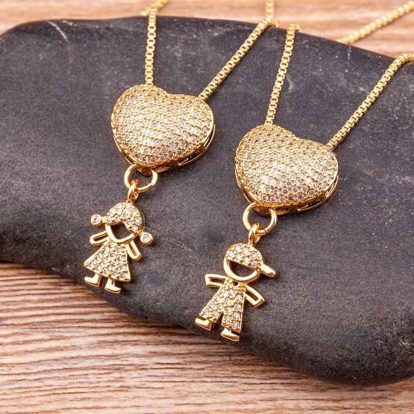 Nuevo diseño 9 estilos de lujo 14k oro amarillo circón niño niña corazón colgante mujeres circón collares cadena joyería encanto regalo del día de la madre