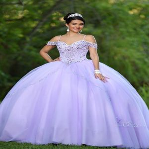 Nieuwe ontwerpbaljurk Quinceanera jurken spaghetti cap mouw kruid kristal prinses prom feestjurken voor zoete 16 meisjes 295N