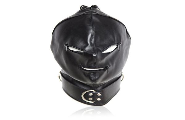 Nuevo diseño BDSM Capucha con cremallera con ojos Agujeros Máscara Cuero Bondage Gear Bozal Disfraces de juego sexual para adultos B03060309332822