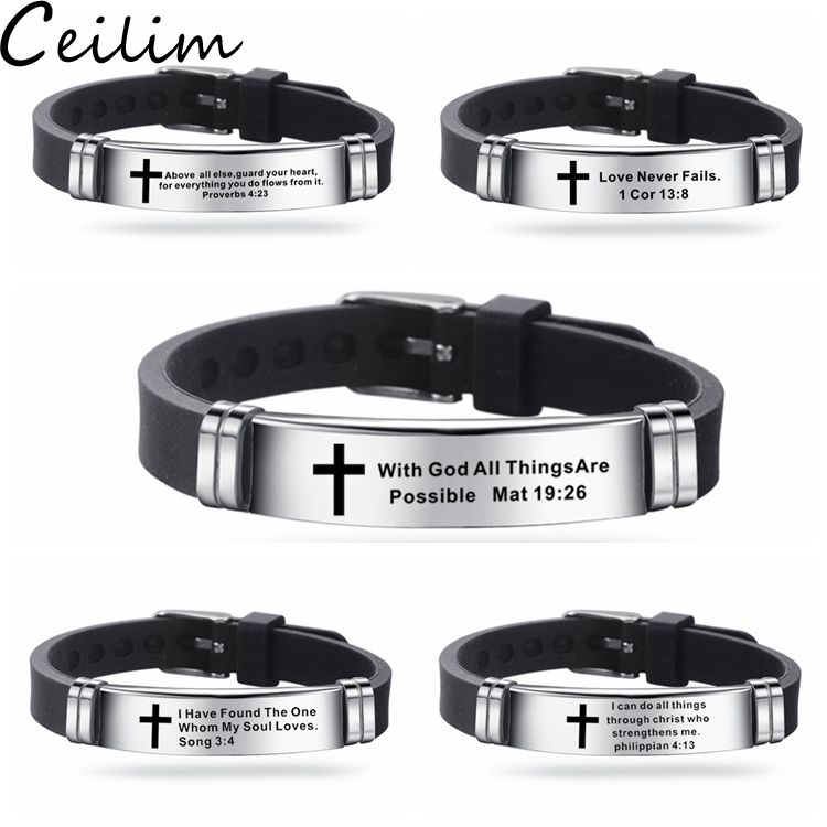 New Design Bible Verse Bracelets for Men Silicone Bibles Quotes Christian Prayer Cross Bangle Stainless Steel Bracelet