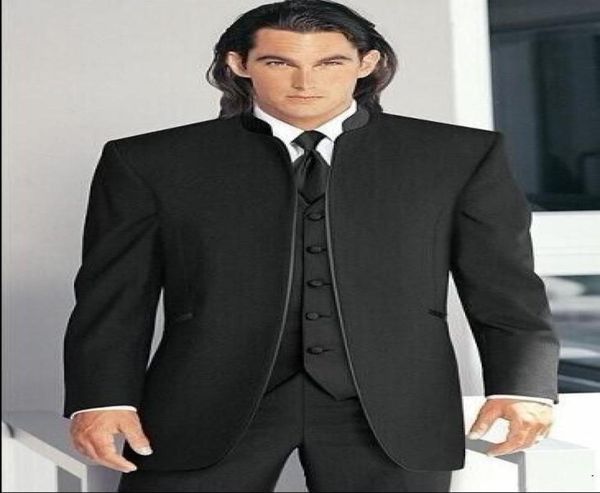 Nuevo diseño novio negro tuxedos hombre barato sin botón mandarín froomsmen hombres traje de boda trajes de graduación