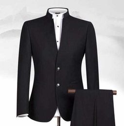 Nieuw ontwerp zwart mannen pakken stand kraag klassieke pak zakelijke slijtage op maat gemaakte formele mannelijke pak (jas + broek) x0909