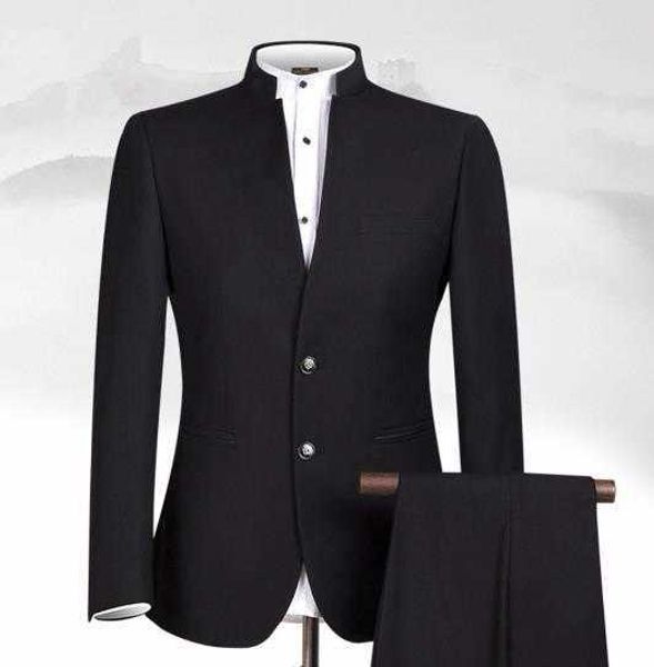 Nuevo diseño, trajes negros para hombre, traje clásico con cuello alto, ropa de negocios, traje Formal para hombre hecho a medida (chaqueta + pantalón) X0909