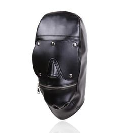 Nieuw ontwerp bondage gear hood snuitharnas met afneembaar oogkussen zwart lederen masker met ritssluiting op de mond fetish seksspeeltje Gimp B06726928