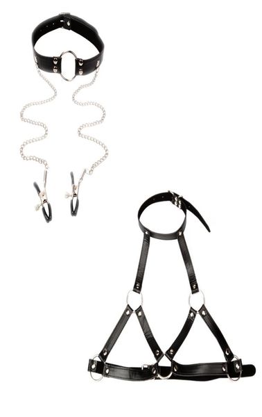 Nuevo diseño Bondage Gear Set Arnés para la cabeza con mordaza bucal con abrazaderas para pezones y arnés de sujeción para los senos Disfraz erótico de piel sintética B032567522