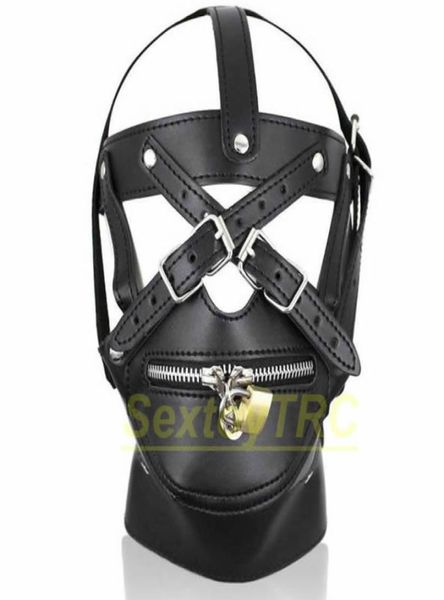 Nouveau design Bondage Hood Head Mask Muzzle Harness Blosping Lock Pu Le cuir pour mâle Nouveau design Fétisan BDSM Play Costume8104788
