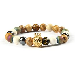 Nouveau Design Bracelet Entier 10pcs / lot 8mm Naturel Image Carte Pierre Perles Avec Noir CZ Couronne Tête De Lion Énergie Bracelets2991