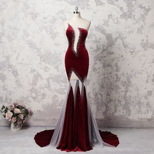 Nieuw ontwerp Bourgondië Prom Dress Lange Mermaid Womens 2018 Maxi Jurken Beaded Sexy Geweldige Vloer Lengte Rode Tapijt Celebrity Jurk