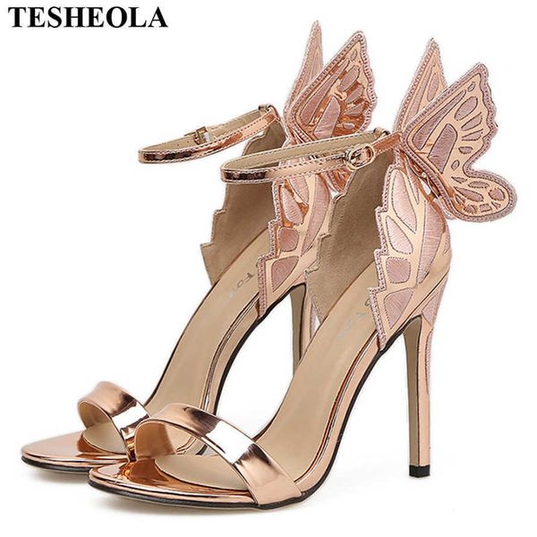 Nouveau design papillon ailes sandales femmes sexy stiletto robe de soirée en cuir verni bout ouvert boucle talons hauts plate-forme chaussures dame y0721