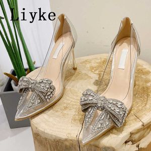 Nuevo diseño, zapatos de tacón transparentes con lazo y lentejuelas de cristal para mujer, zapatos de tacón alto sexis con punta en pico, zapatos de fiesta de boda, sandalias de tacón de aguja 0129
