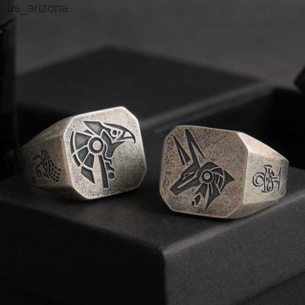 Nuevo diseño de dioses egipcios Horus y anubis anillos de patrones para hombres Vintage Punk Fashion Ring Jewelry Gifts L230620