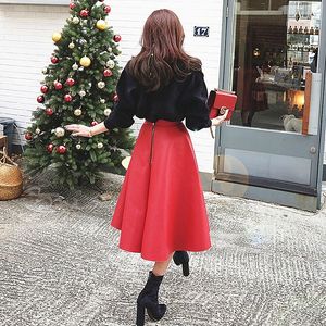 Nieuw ontwerp mode vrouwen hoge taille PU leer a-lijn grote uitbreiding midi lange rok Nieuwjaar rode kleur lange rok XSSMLXLXXL