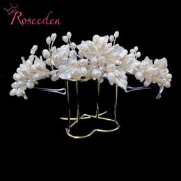Nuevo diseño, Tiara nupcial con perlas de agua dulce, corona de flores, diamantes de imitación, diadema de boda, joyería para el cabello RE3943 W0104305N
