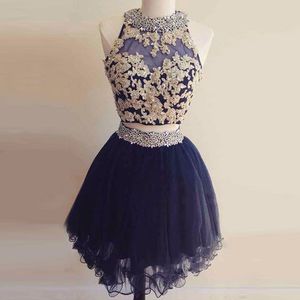 Nouveau design filles douce 16 robe une ligne licou cou bleu marine robe de soirée or dentelle perles deux pièces robes de soirée courte tulle