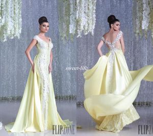 Nouveau design Hanna Toumajean en dentelle sirène robes de soirée Overskirt Backless V Neck Appliques 2019 Robes de bal arabe Long Celebrity 3908132