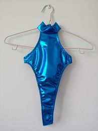 Nuevo diseño de cuello alto para mujeres y niñas, traje de baño de una pieza, traje de baño, medias, Bikini metálico brillante, aspecto mojado