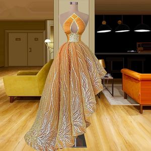 Nieuw design High Low Prom -jurken Mouwloze asymmetrische feestjurken Arabische Dubai Lace op maat gemaakte avondjurk