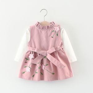 Nouveau design coréen bébé filles robe enfants automne printemps 3D fleur brodée à manches longues robe 2 pcs / set top qualité