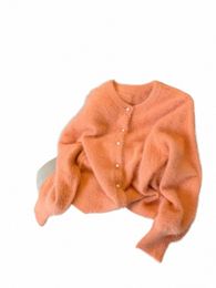 Nouveau design coréen femmes simple orange pull col en v confortable vêtements d'extérieur automne hiver tricoté cardigans hiphop high street harajuku a6z9 #